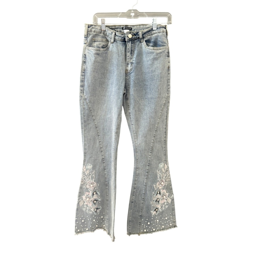 Venus Women Light Wash Floral Embroidered Pearl Flare Jeans Size 8 Raw Hem Boho